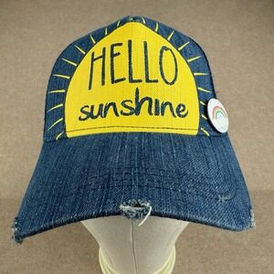 Hello Sunshine Denim Trucker‎ Hat Blue Mesh Cap Distressed Rainbow Patch